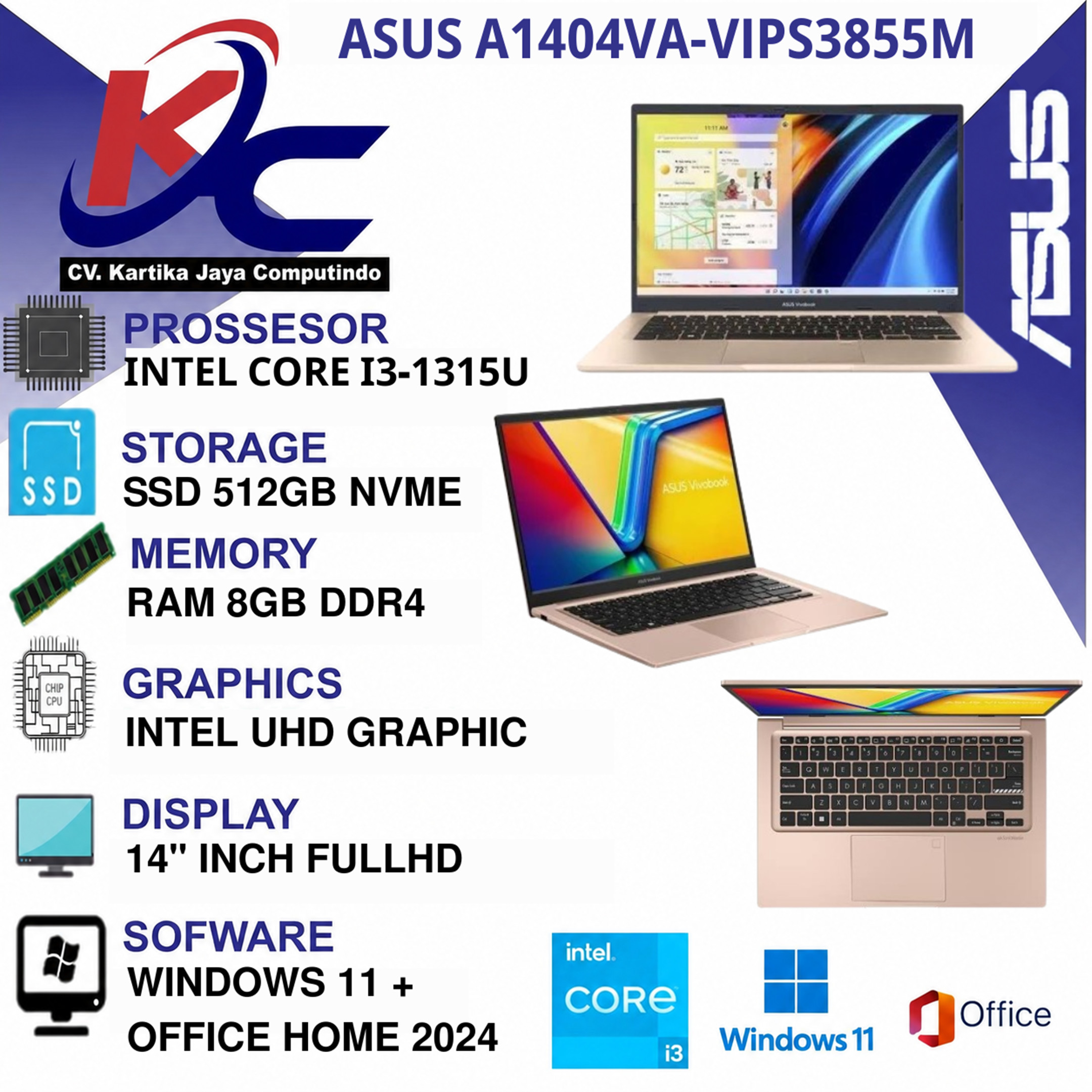 ASUS A1404VA-VIPS3855M  I3-1315U/ 8GB/ SSD512/ FHD IPS/ W11 OHS+365 TERRACOTTA